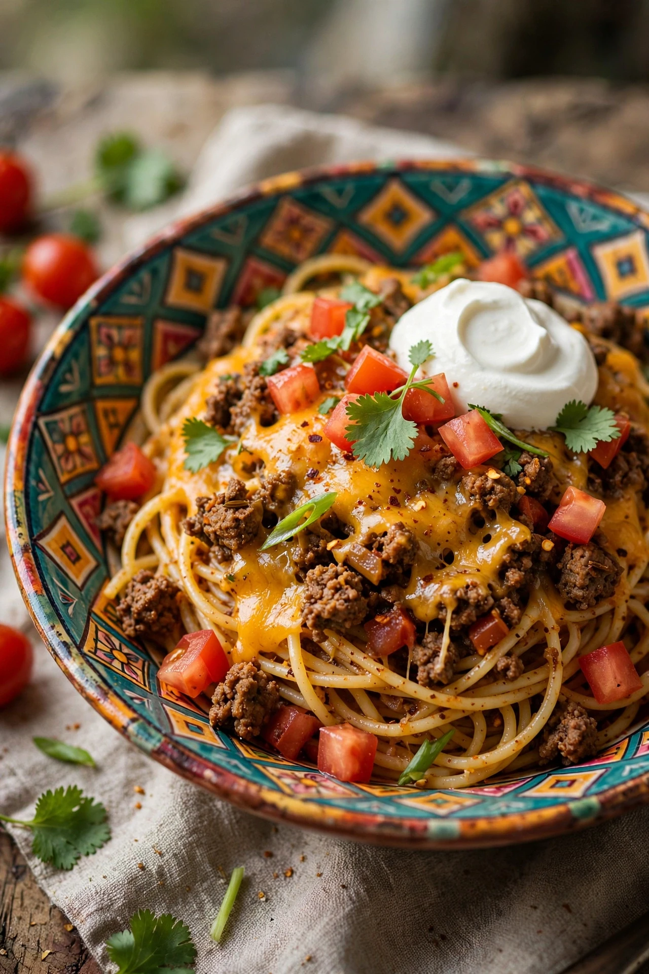 Taco spaghetti with seasoned beef, cheddar cheese and crushed tortilla chips