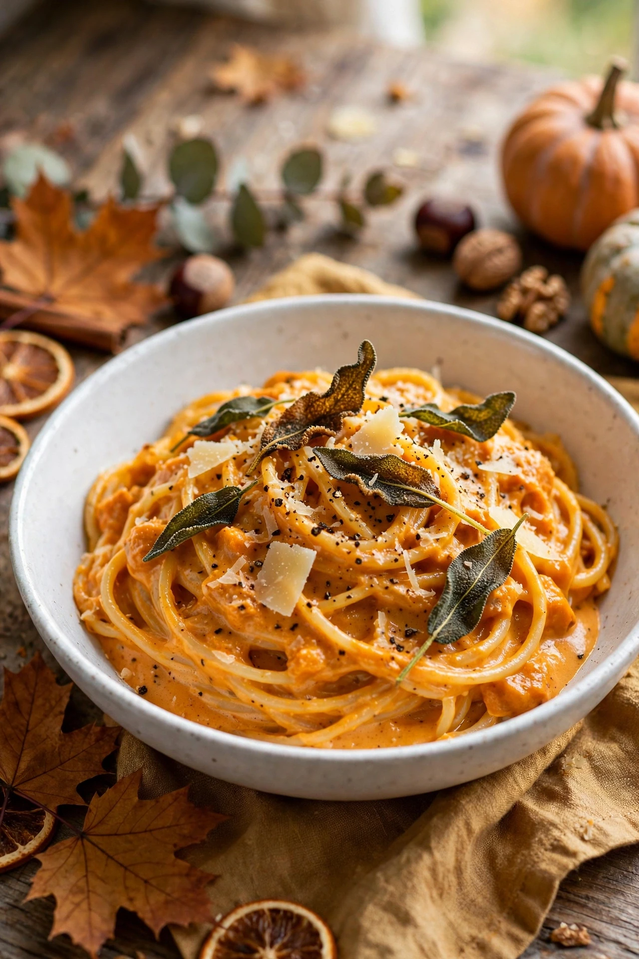 Creamy pumpkin alfredo spaghetti with sage leaves and parmesan