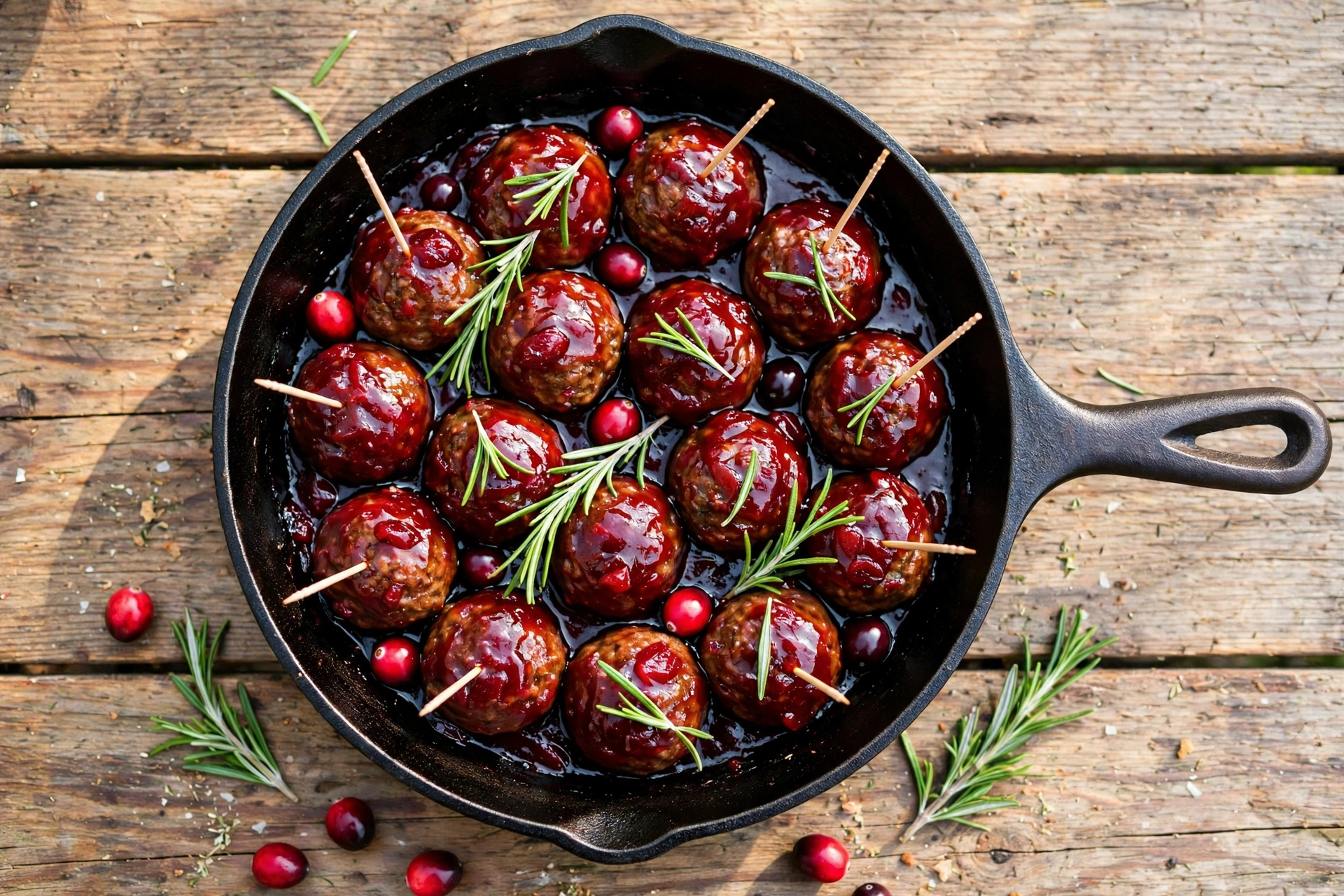 Overhead view of baked brie with cranberry sauce, topped with pecans and rosemary, with crackers