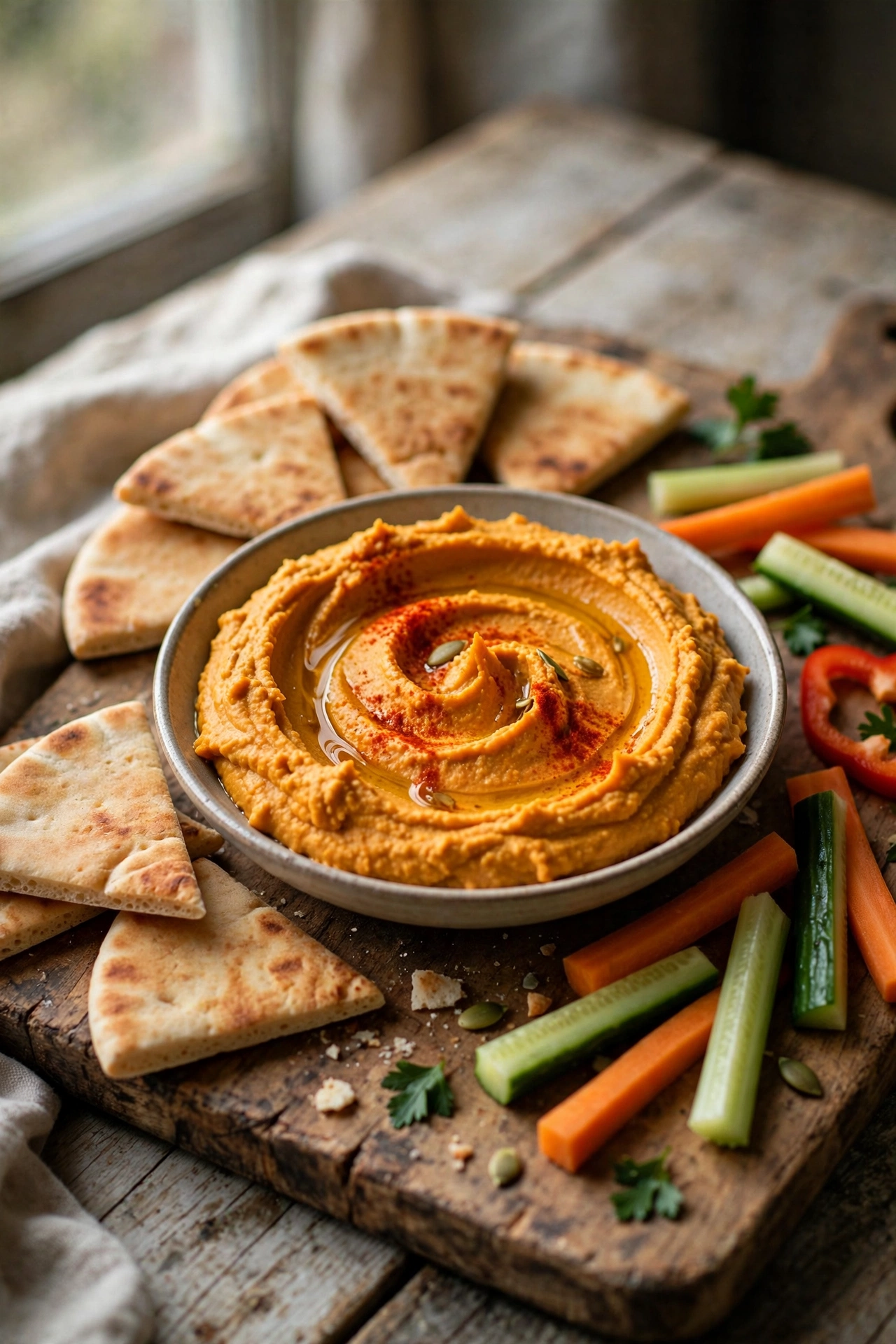 Side view of pumpkin hummus with pita chips, drizzled with olive oil and topped with paprika and pepitas