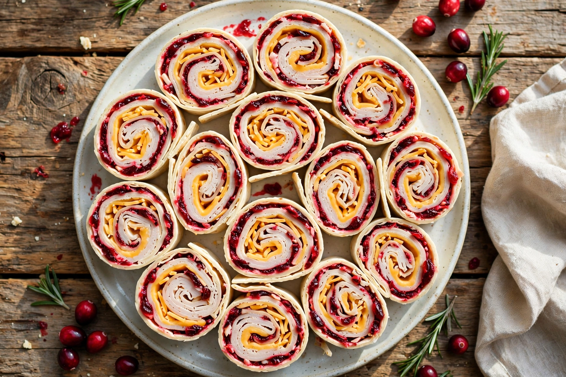 Overhead view of turkey and cheese pinwheels with cranberry spread, sliced into spirals on a platter