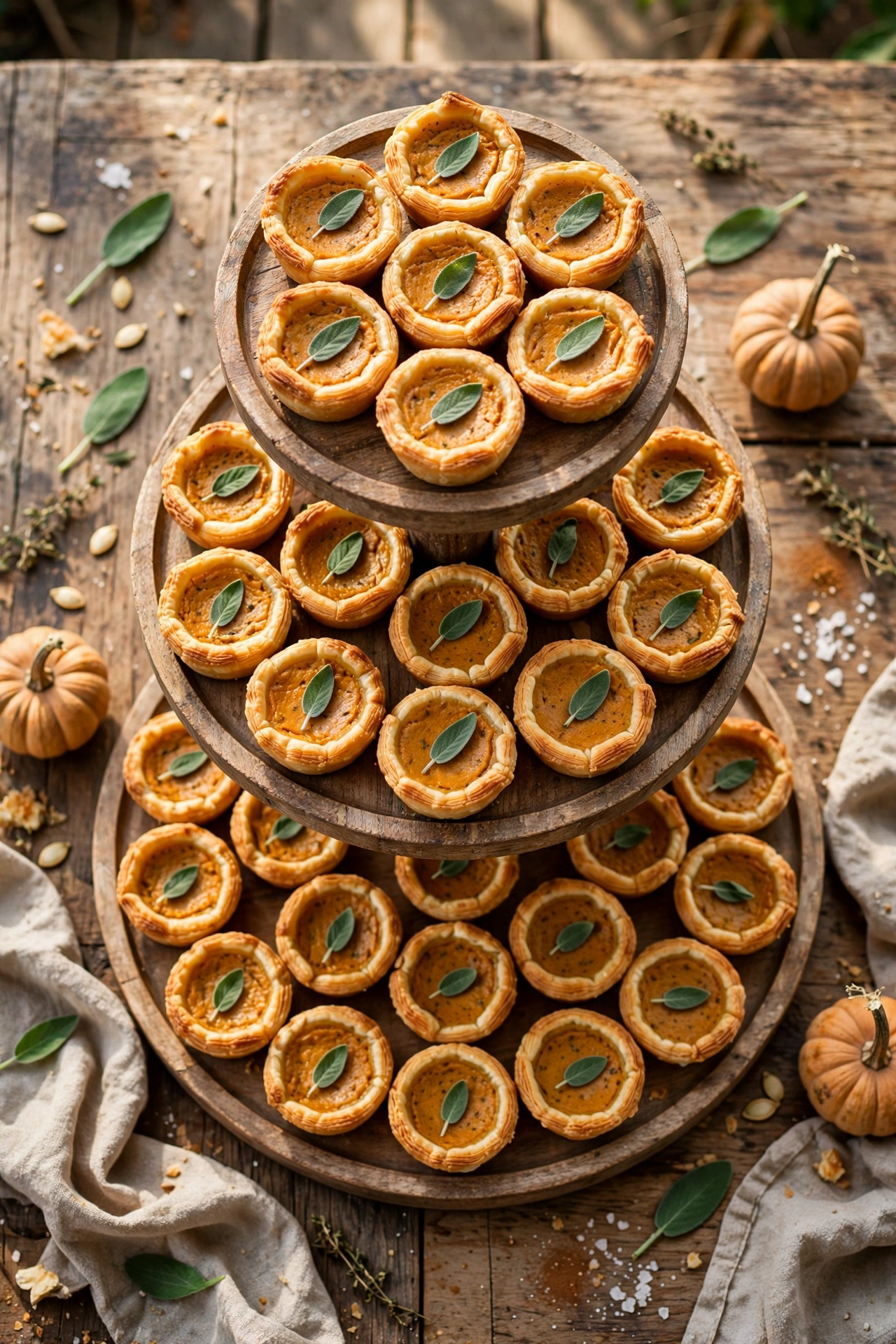 Side view of mini pumpkin quiches with flaky crust, creamy pumpkin custard, and sage garnish