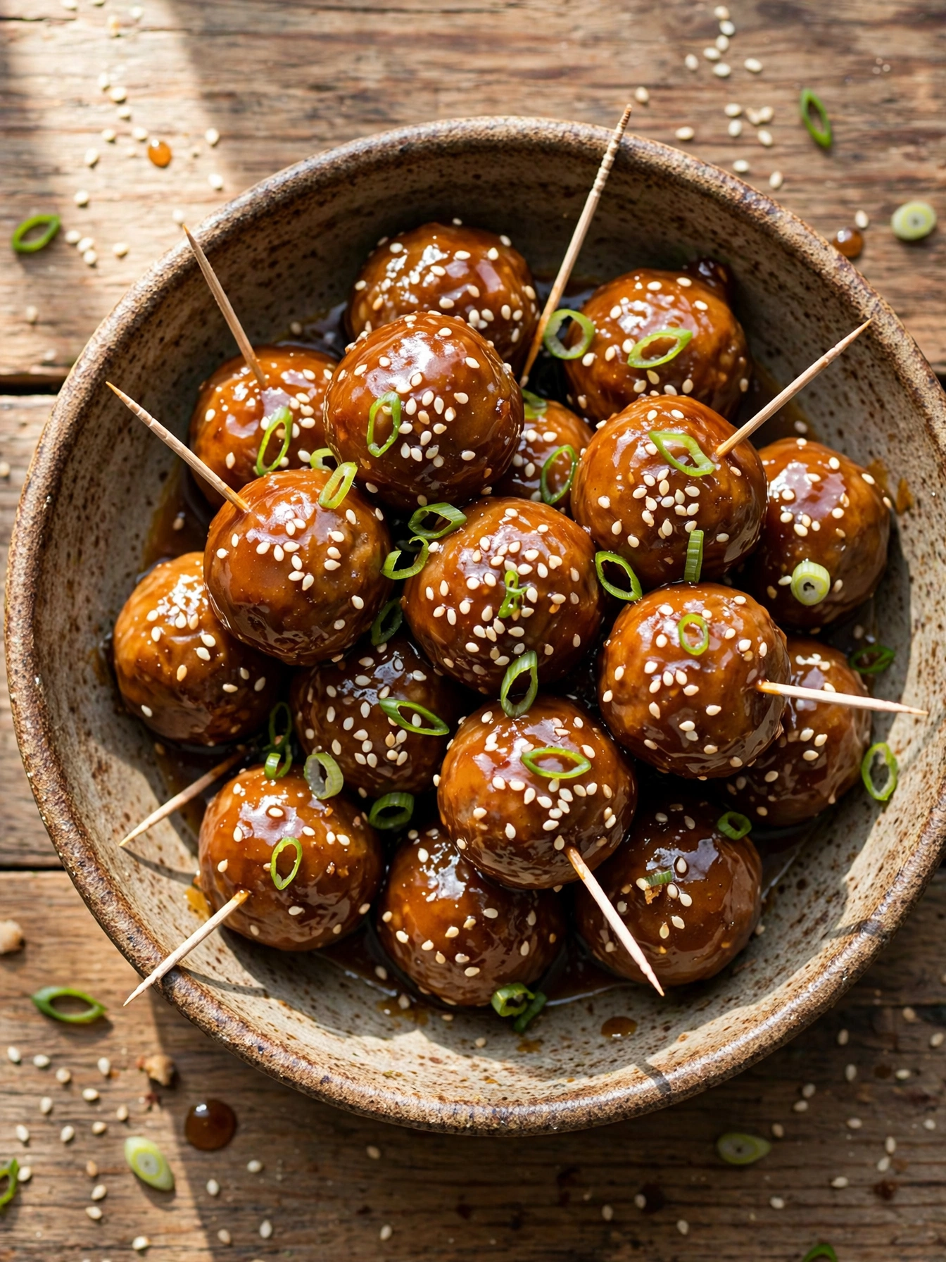 Close-up view of apple cider glazed meatballs in sticky glaze with sesame seeds in a skillet