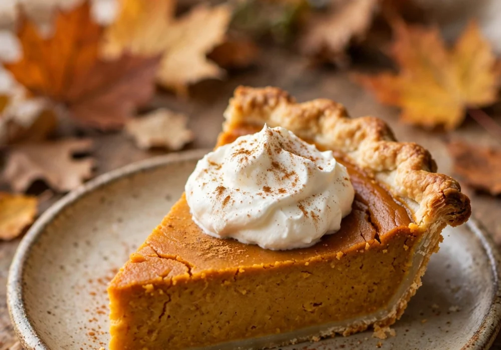 Slice of classic pumpkin pie with whipped cream and flaky golden crust, top view