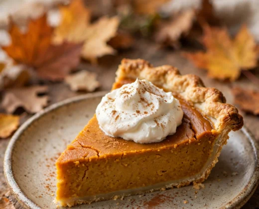 Slice of classic pumpkin pie with whipped cream and flaky golden crust, top view