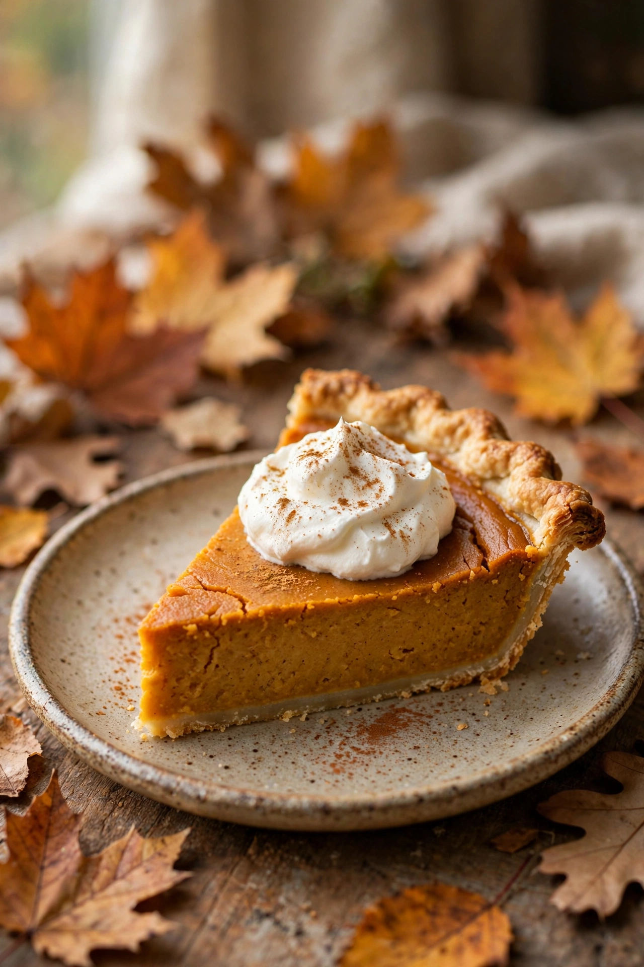 Slice of classic pumpkin pie with whipped cream and flaky golden crust, top view