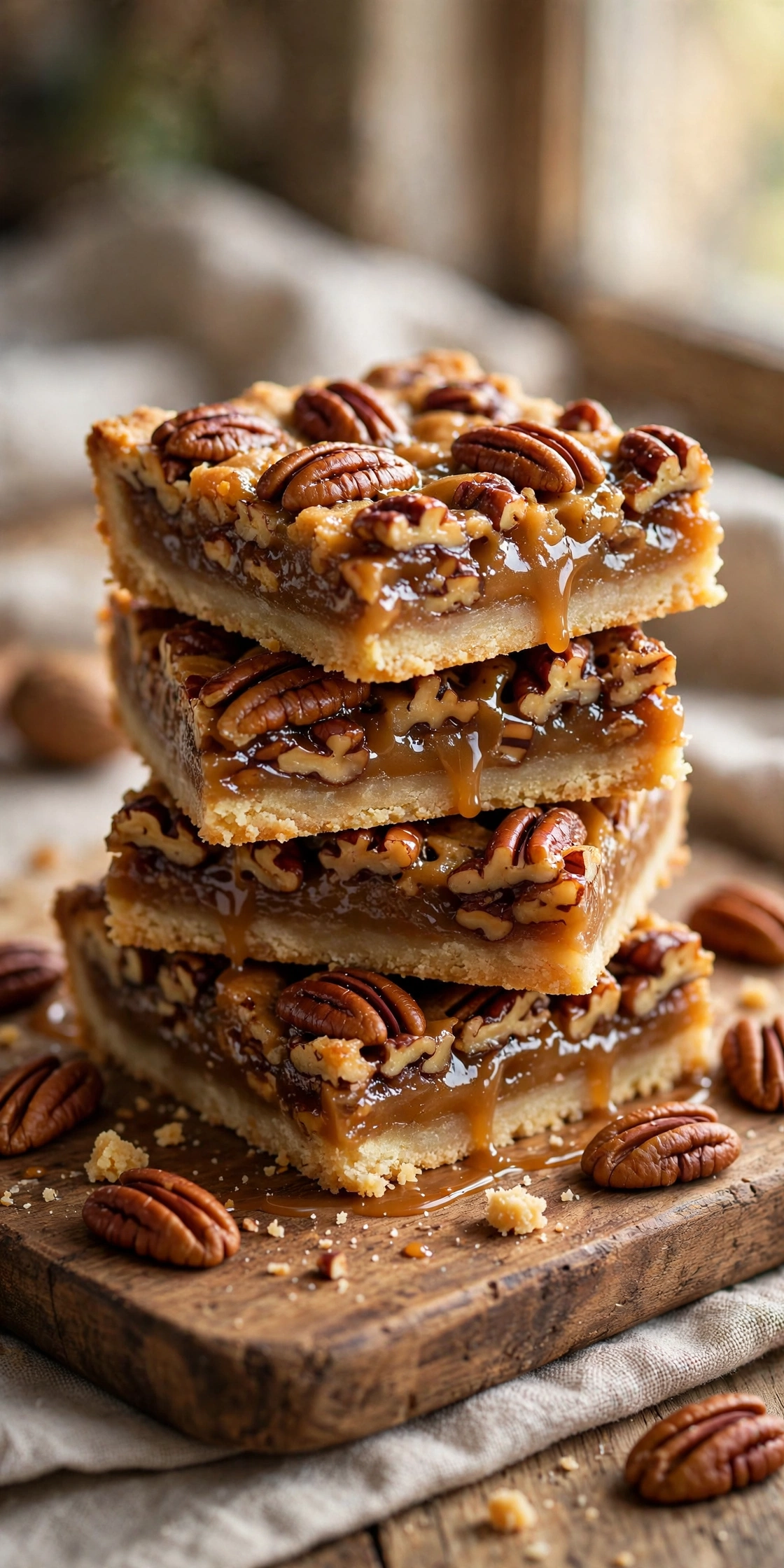 Stack of pecan pie bars with gooey pecan filling and shortbread crust, close up view