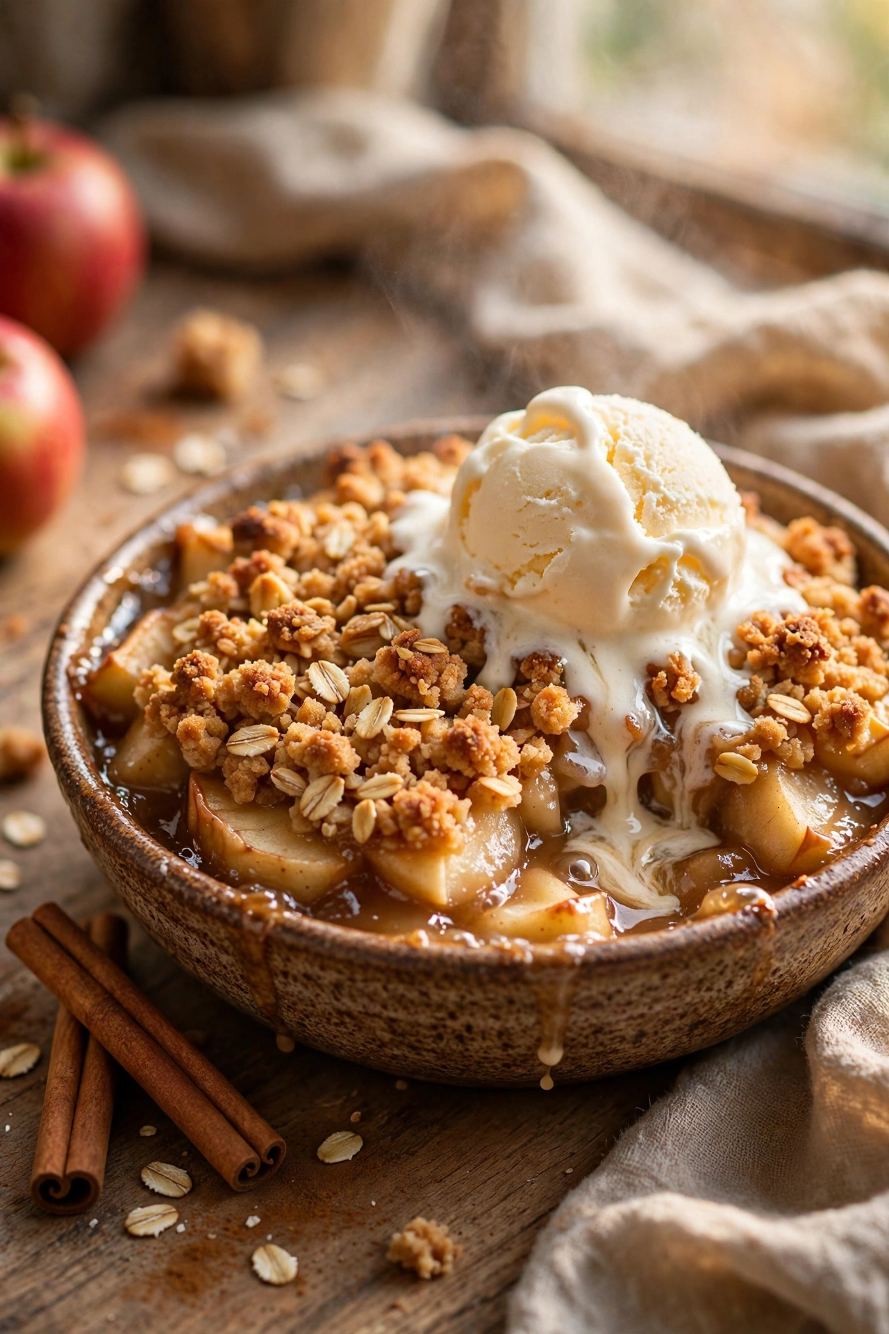 Bowl of warm apple crisp with golden oat topping and vanilla ice cream melting on top