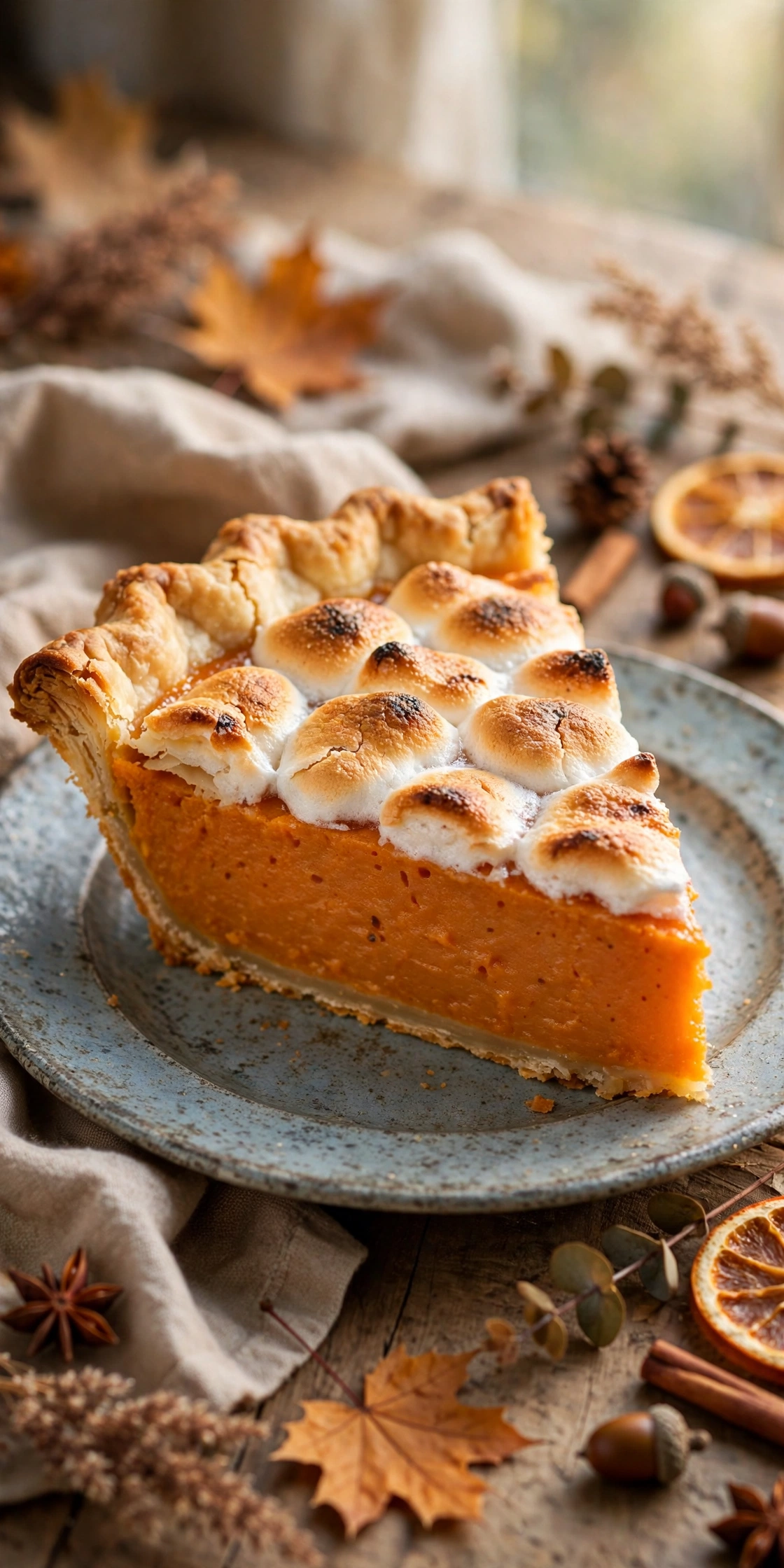 Slice of sweet potato pie with toasted marshmallow topping on a white plate