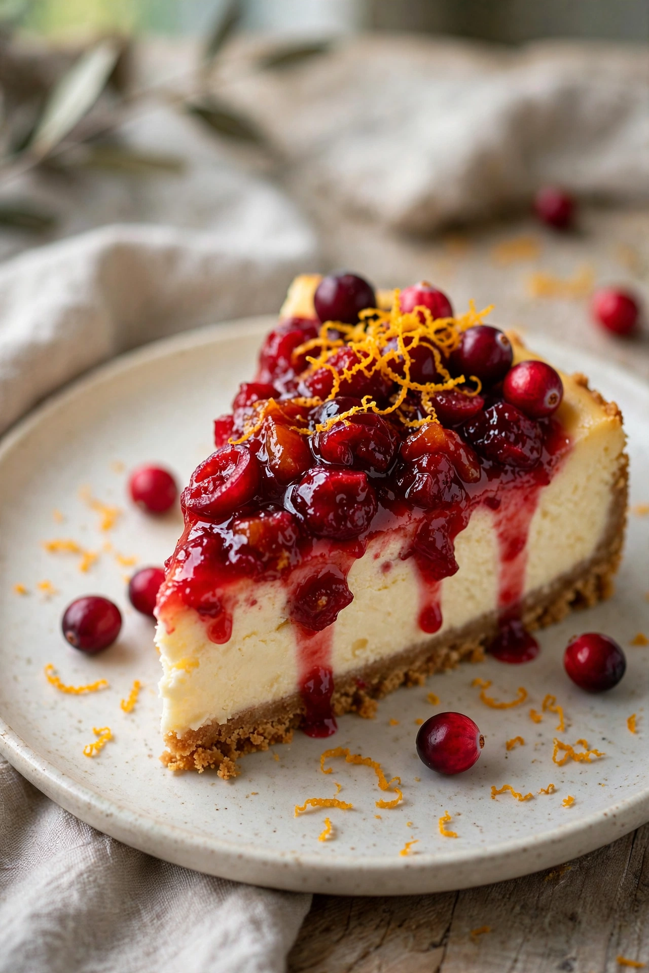 Slice of cranberry orange cheesecake with glossy cranberry sauce swirl on top