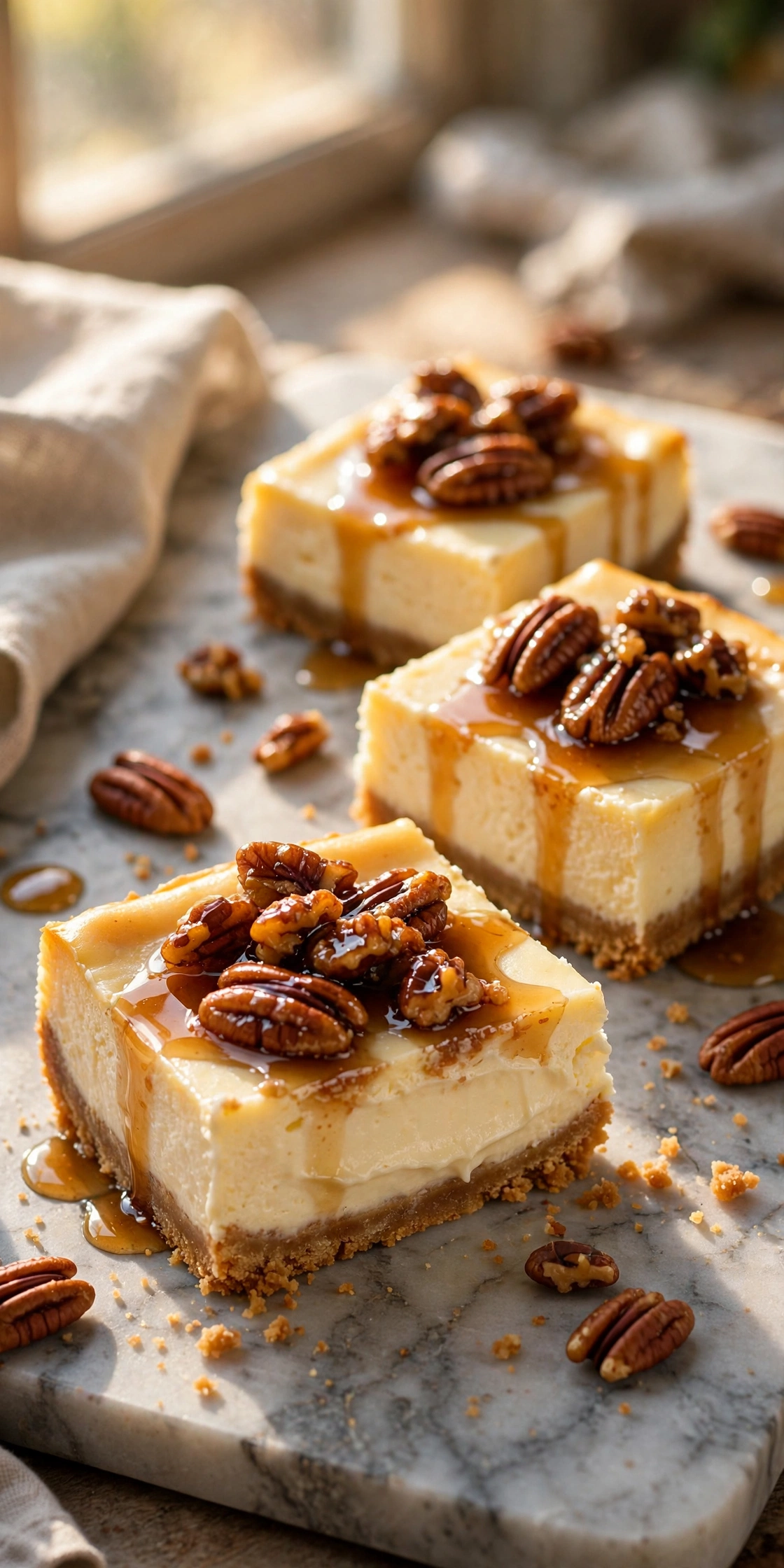 Maple pecan cheesecake bars with caramelized pecan topping, square cut view