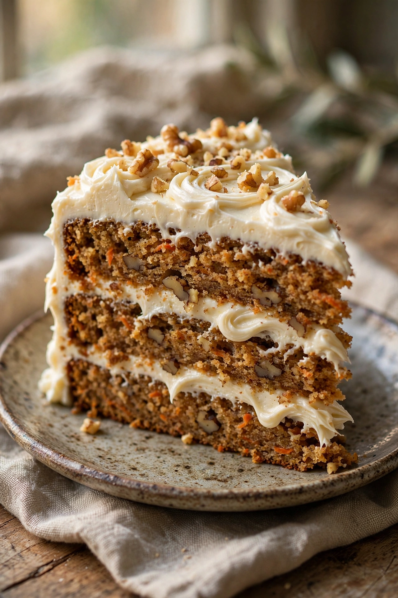 Layered spiced carrot cake with cream cheese frosting and chopped walnuts