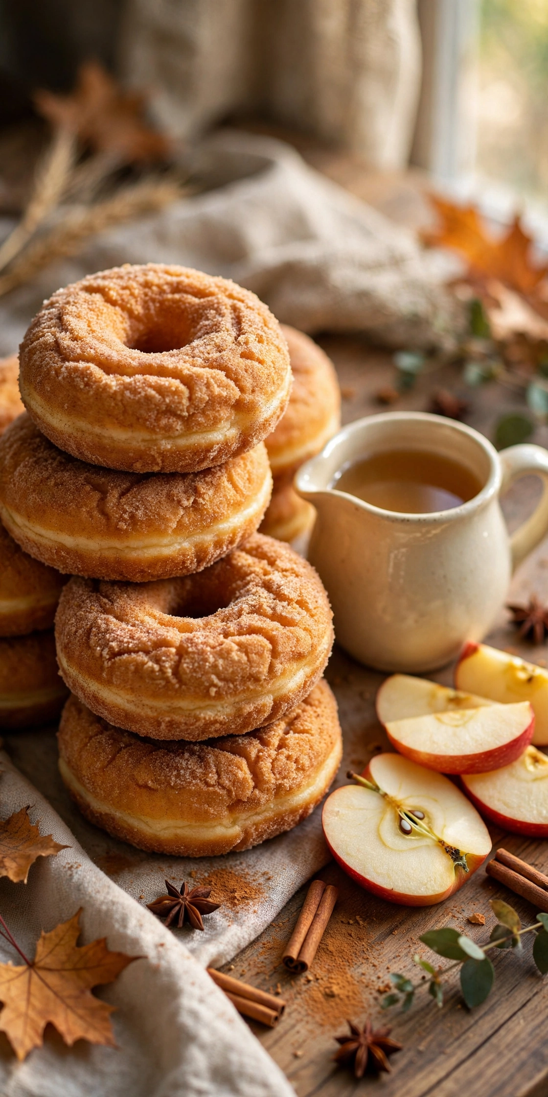 Stack of apple cider donuts rolled in cinnamon sugar on a rustic plate