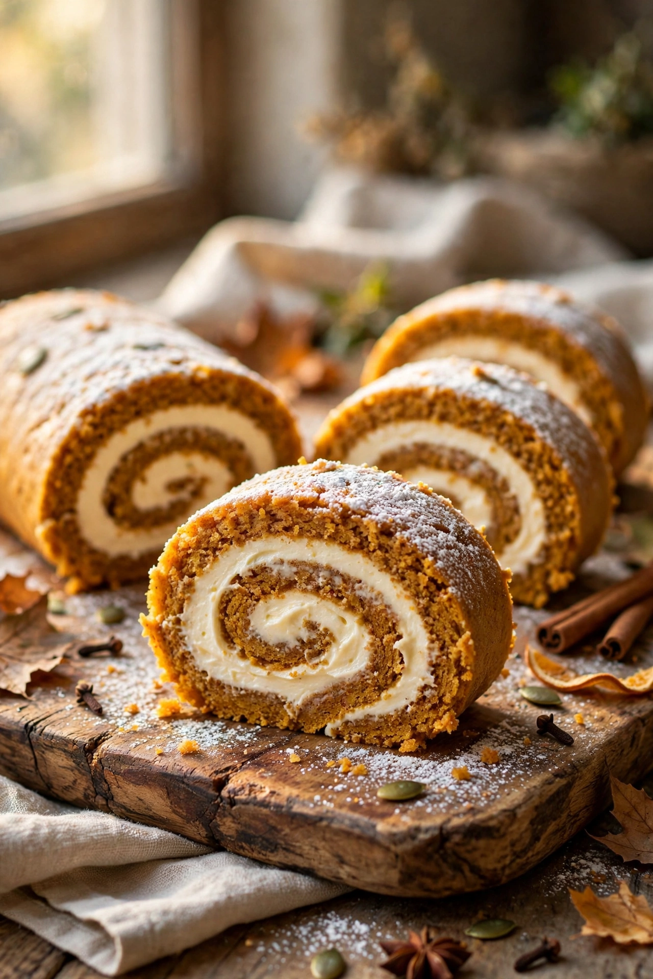 Sliced pumpkin roll with cream cheese swirl showing spiral layers