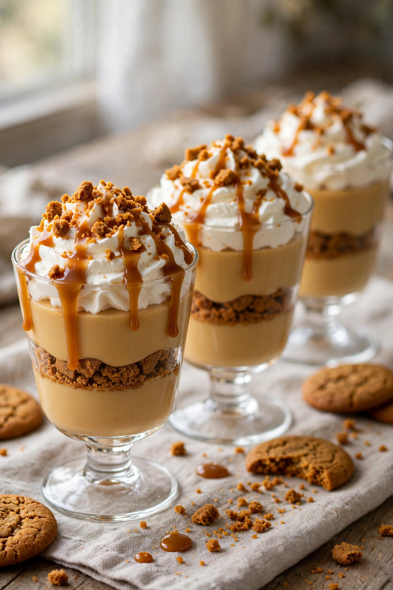 Layered butterscotch pudding parfaits with whipped cream in glass jars