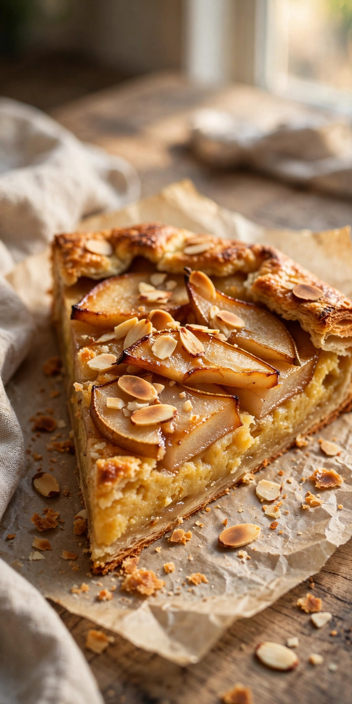 Rustic pear almond galette with sliced pears fanned over frangipane