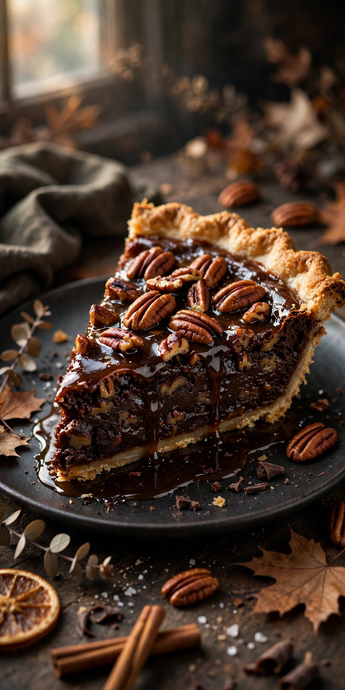 Slice of chocolate bourbon pecan pie with glossy filling and whole pecans on top