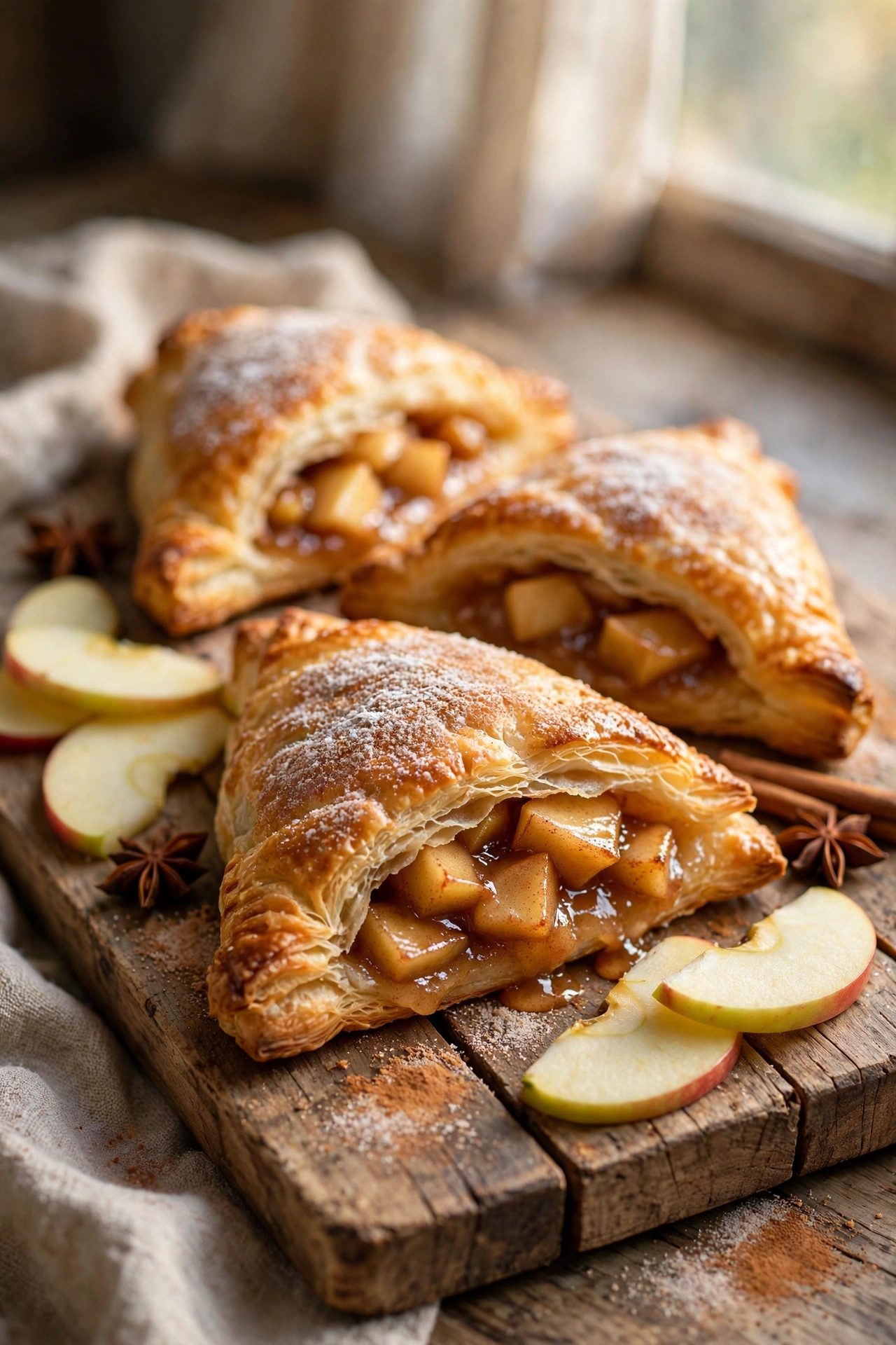 Golden cinnamon apple turnovers with flaky puff pastry and sugar glaze