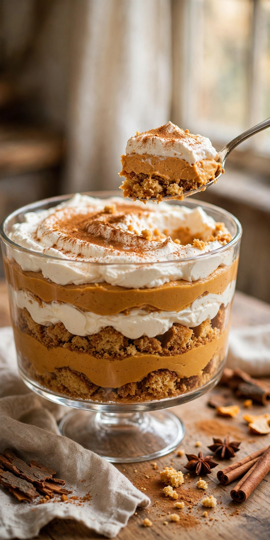Pumpkin spice trifle with layered pumpkin mousse and cake in a glass bowl
