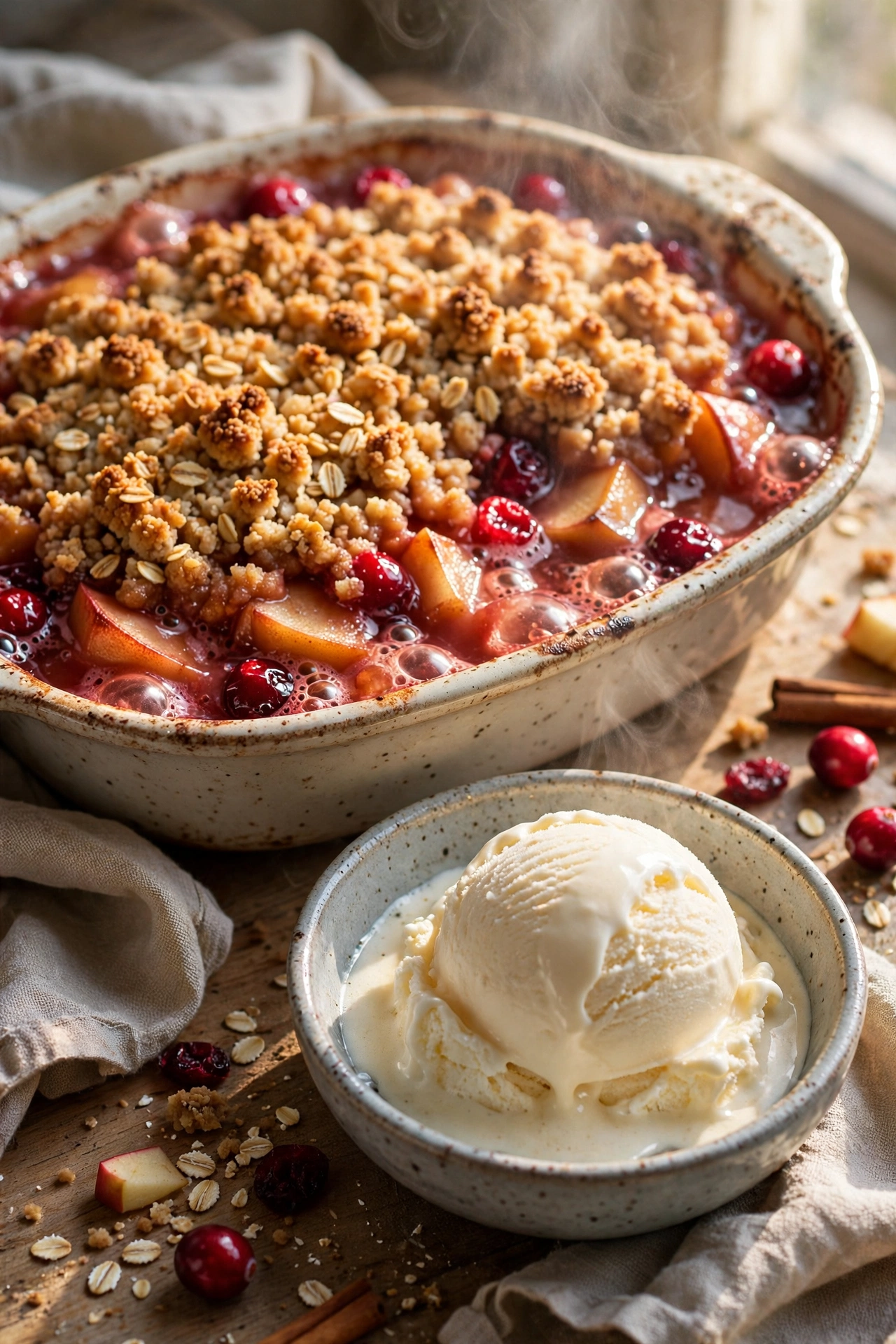 Cranberry apple crumble with ruby red filling bubbling under golden streusel