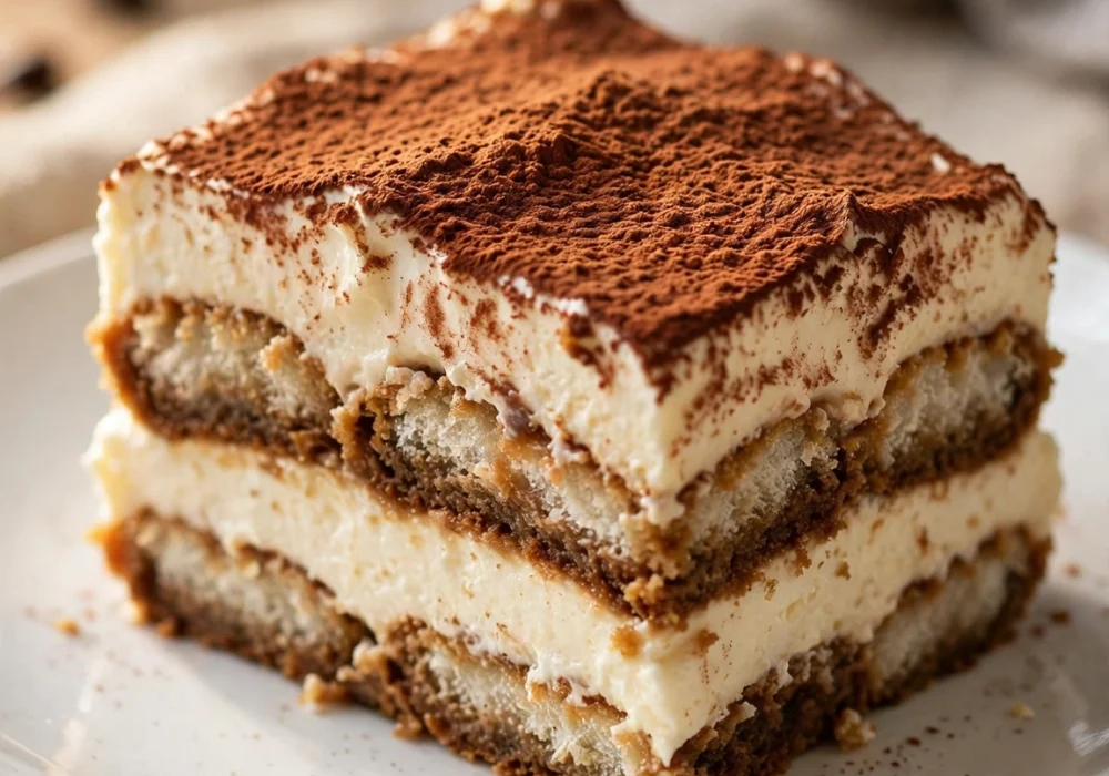 Classic tiramisu slice on a white plate with distinct layers of espresso soaked ladyfingers and mascarpone cream