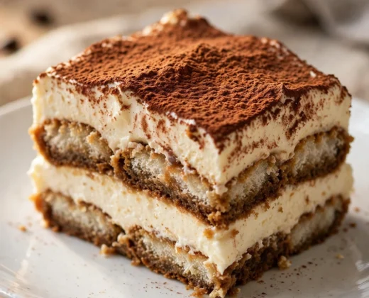 Classic tiramisu slice on a white plate with distinct layers of espresso soaked ladyfingers and mascarpone cream