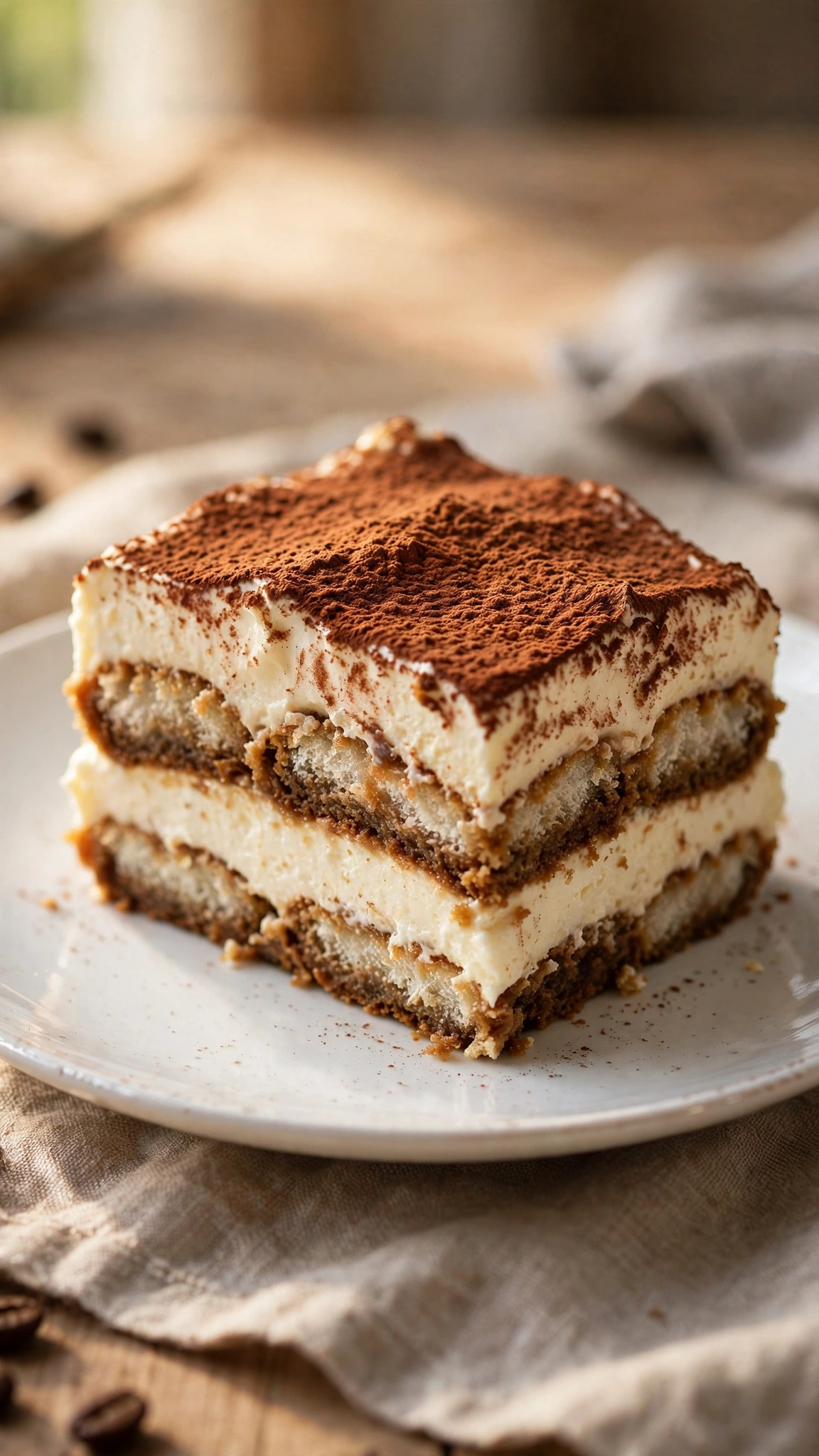 Classic tiramisu slice on a white plate with distinct layers of espresso soaked ladyfingers and mascarpone cream