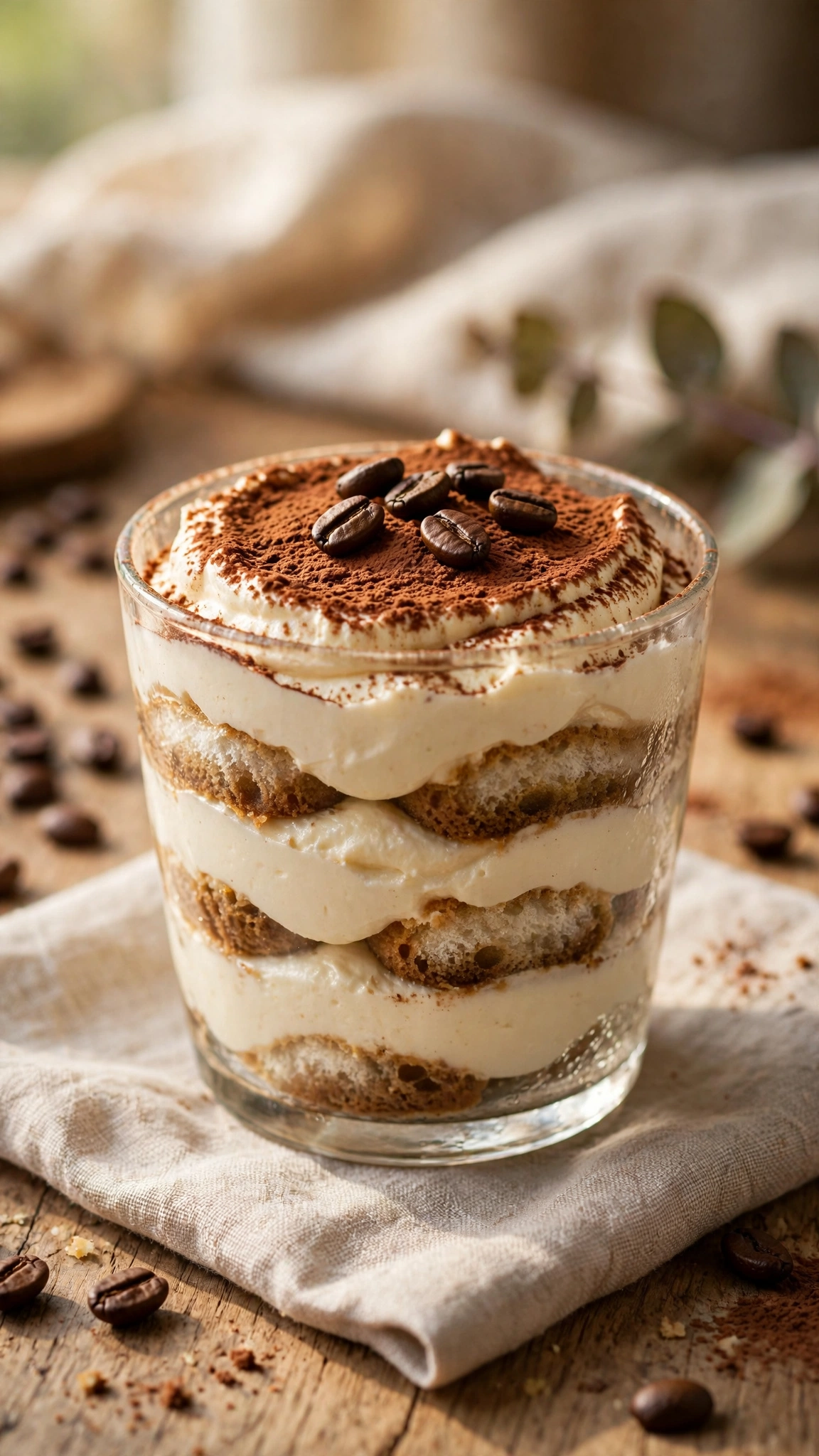 Individual tiramisu served in glass cups with visible layers, cocoa powder and coffee beans on top