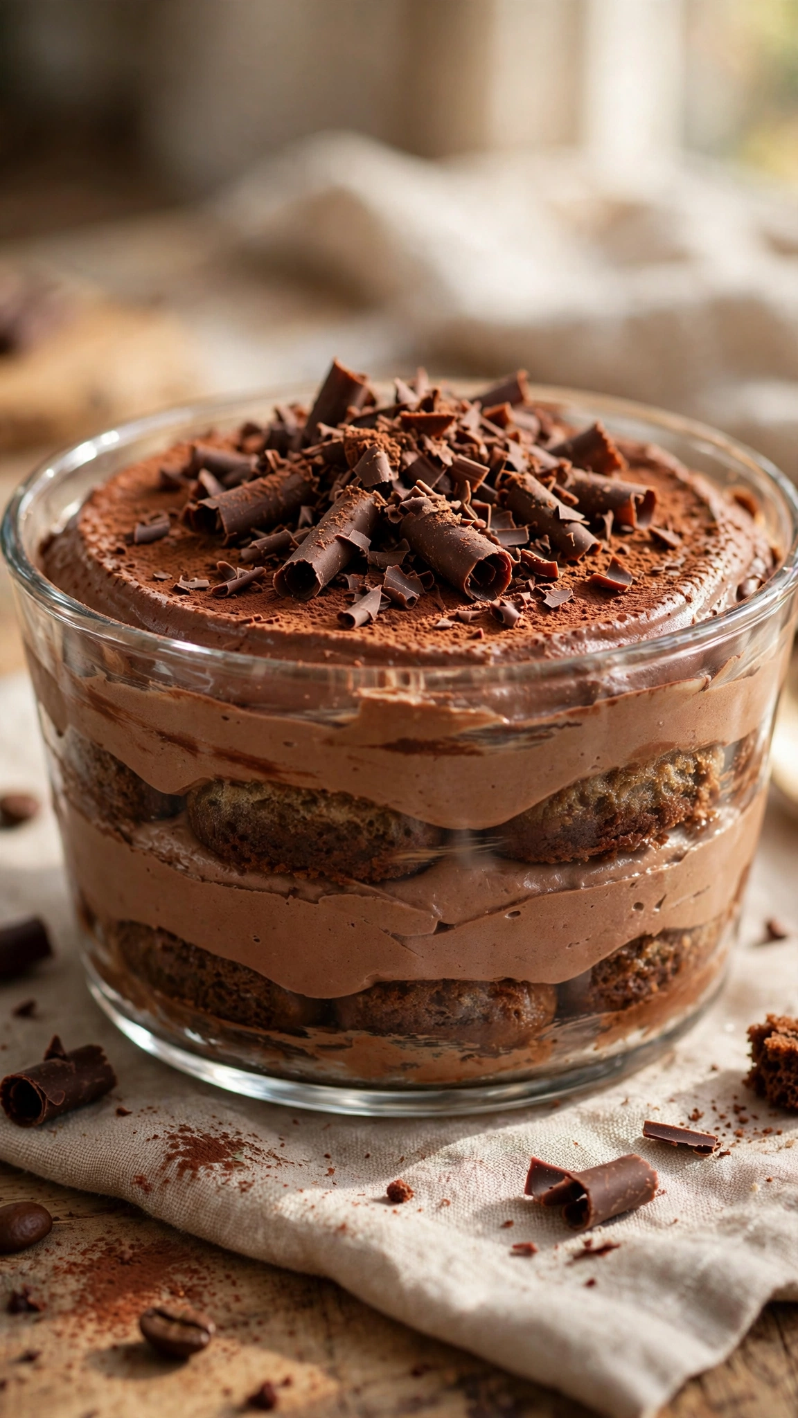 Chocolate tiramisu with rich cocoa mascarpone layers and chocolate shavings in a glass dish