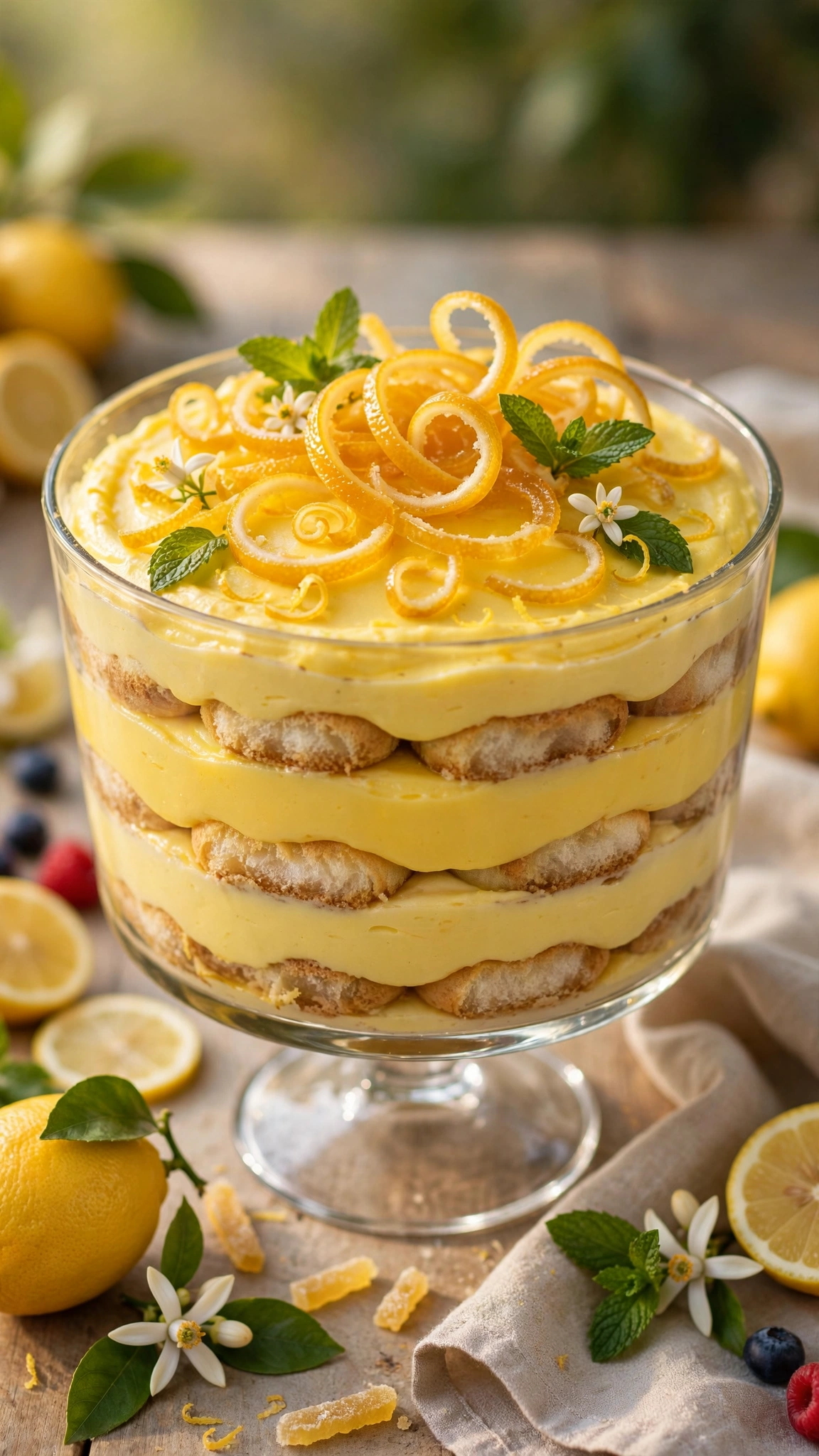Lemon tiramisu in a glass trifle dish with bright yellow lemon cream layers and candied lemon peel on top