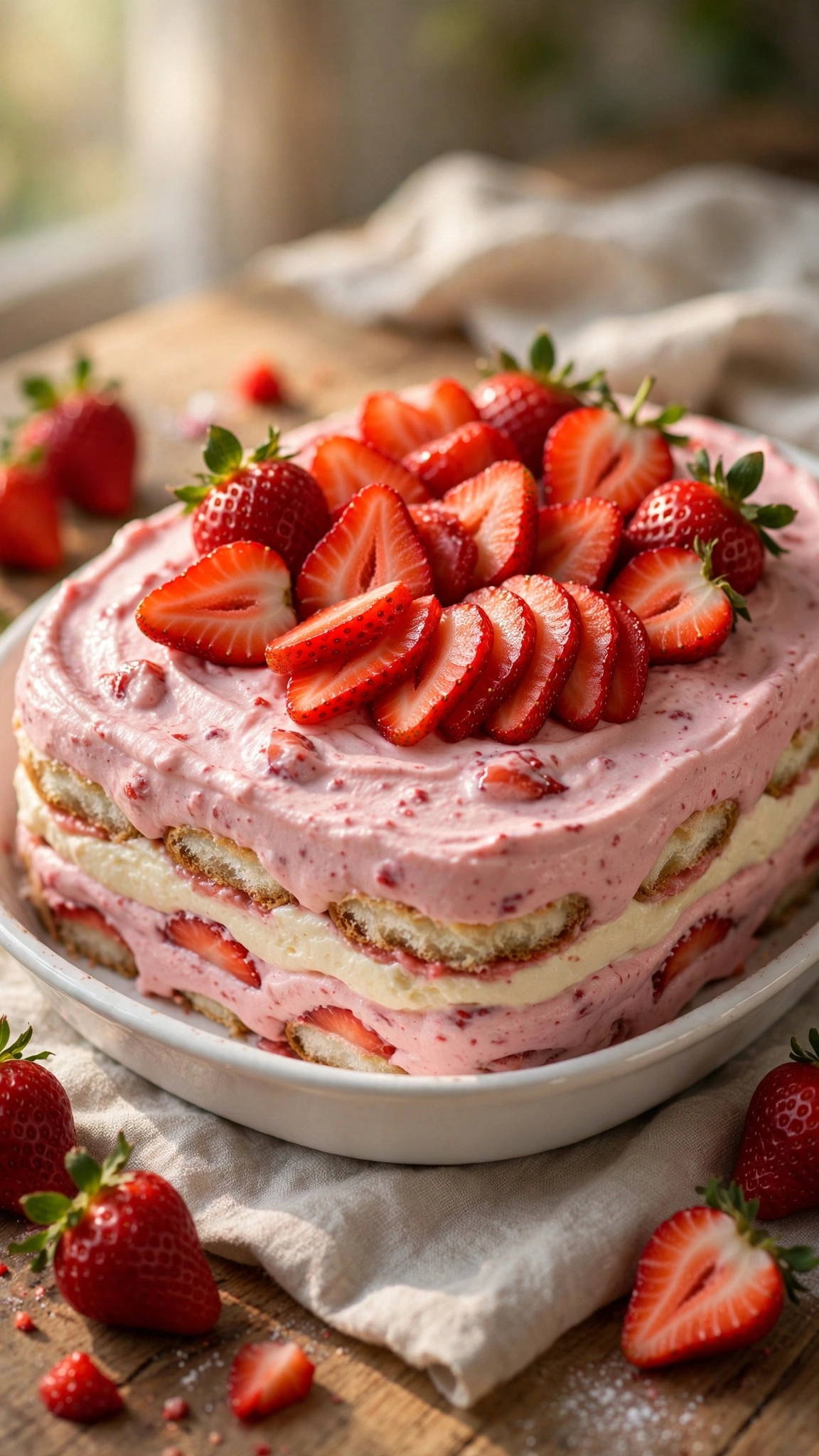 Strawberry tiramisu with pink strawberry cream layers and fresh sliced strawberries in a white dish