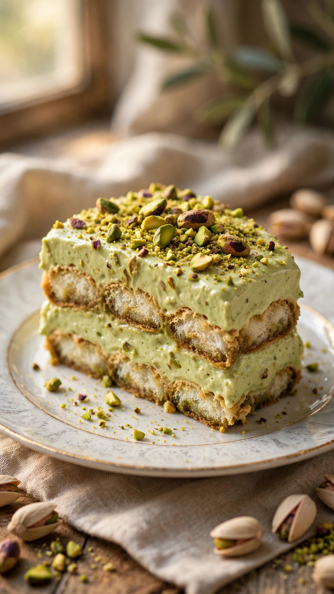 Pistachio tiramisu slice with green pistachio cream layers and crushed pistachios on an elegant plate