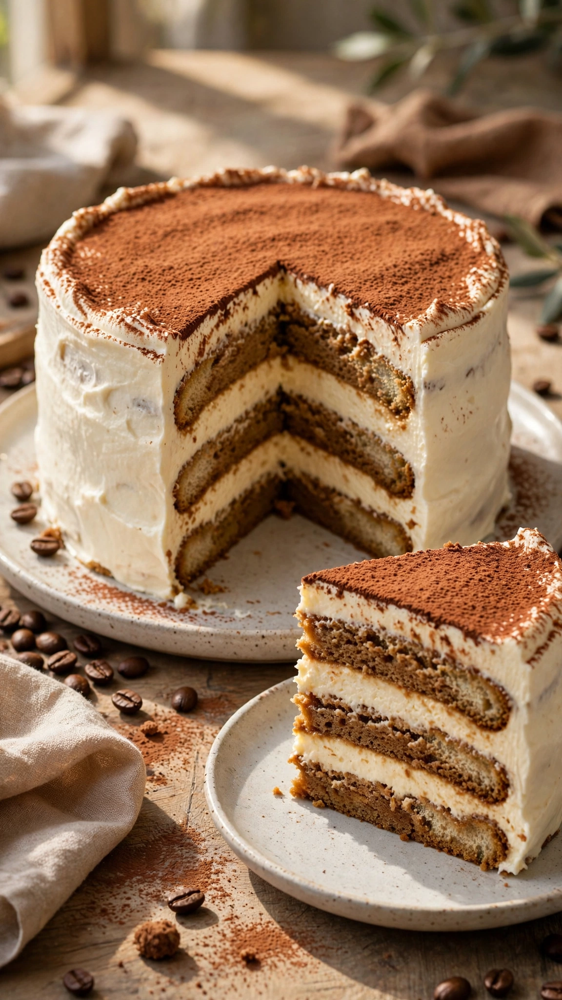 Tiramisu layer cake, tall round cake with mascarpone frosting and cocoa dusted, coffee soaked sponge visible