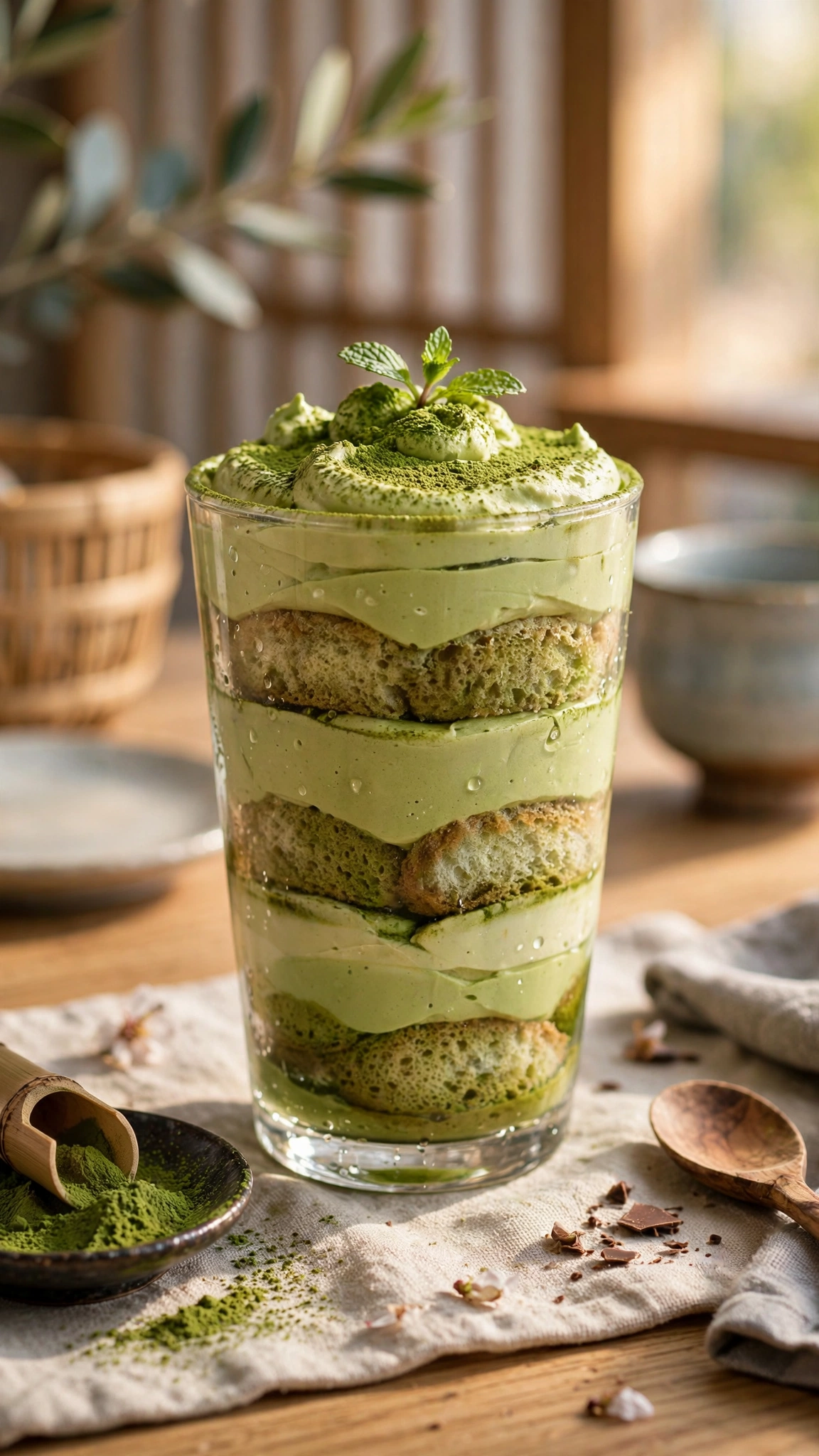 Matcha tiramisu in a glass with green tea cream layers and matcha dusted top, modern cafe styling