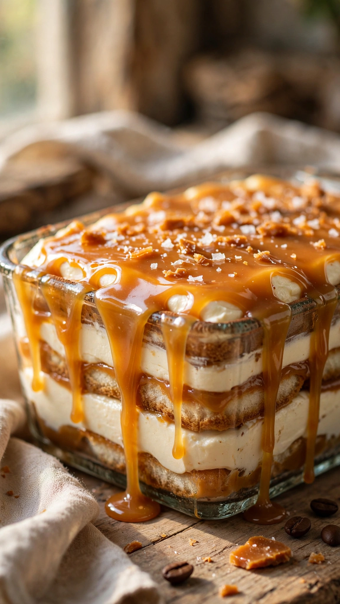 Caramel tiramisu with golden caramel sauce dripping over the mascarpone layers in a rustic glass dish