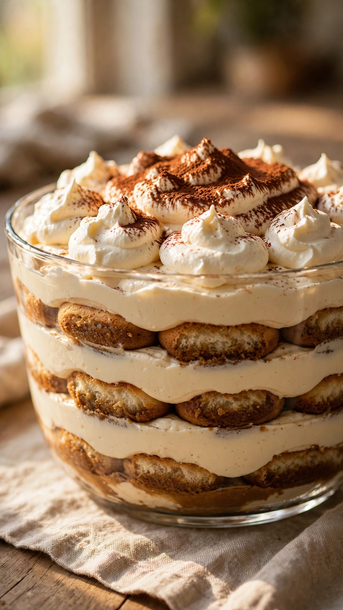 Tiramisu trifle in a large glass bowl with dramatic visible layers and dollops of whipped cream on top