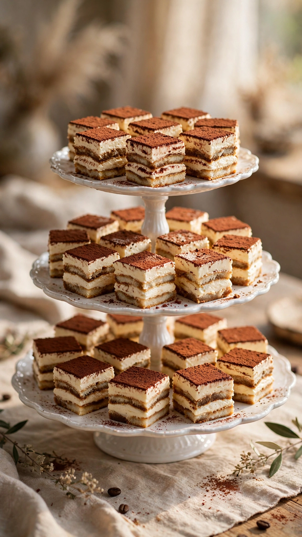 Tiramisu bites, small square petit fours dusted with cocoa, arranged on a tiered stand