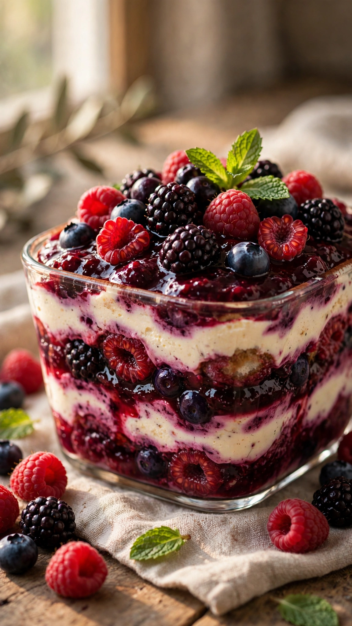 Berry tiramisu with mixed berry compote layers in deep purple red colors and fresh mint in a glass dish
