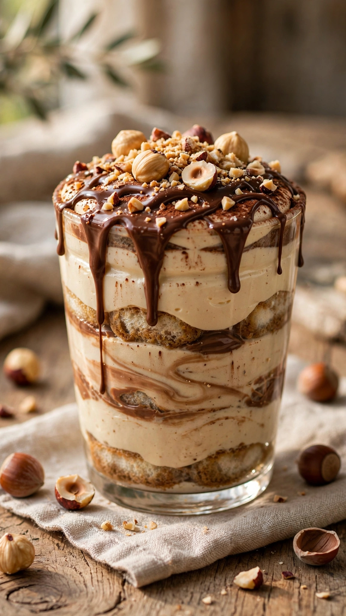 Nutella tiramisu with hazelnut cream layers and chocolate hazelnut drizzle with crushed hazelnuts on top
