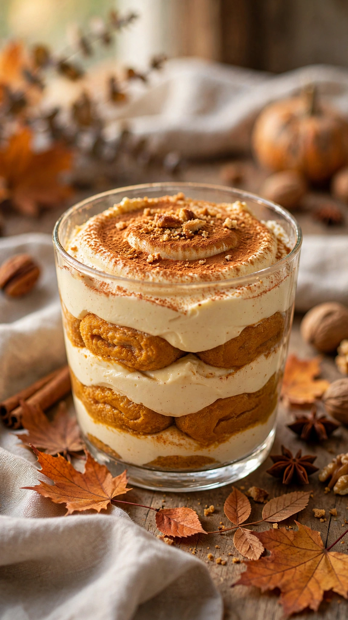 Pumpkin spice tiramisu in a glass with autumn spiced mascarpone layers and cinnamon dusted, fall styling