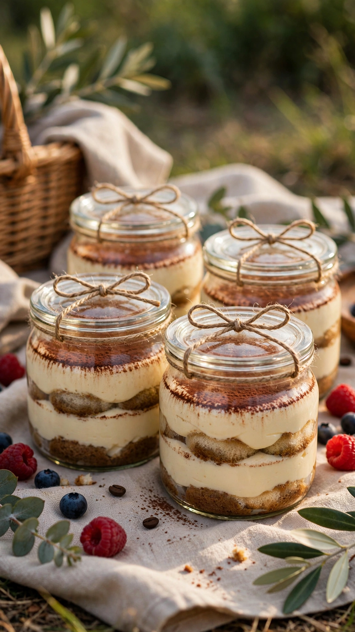 Tiramisu jars with lids, layered desserts to go, tied with ribbon, picnic style presentation